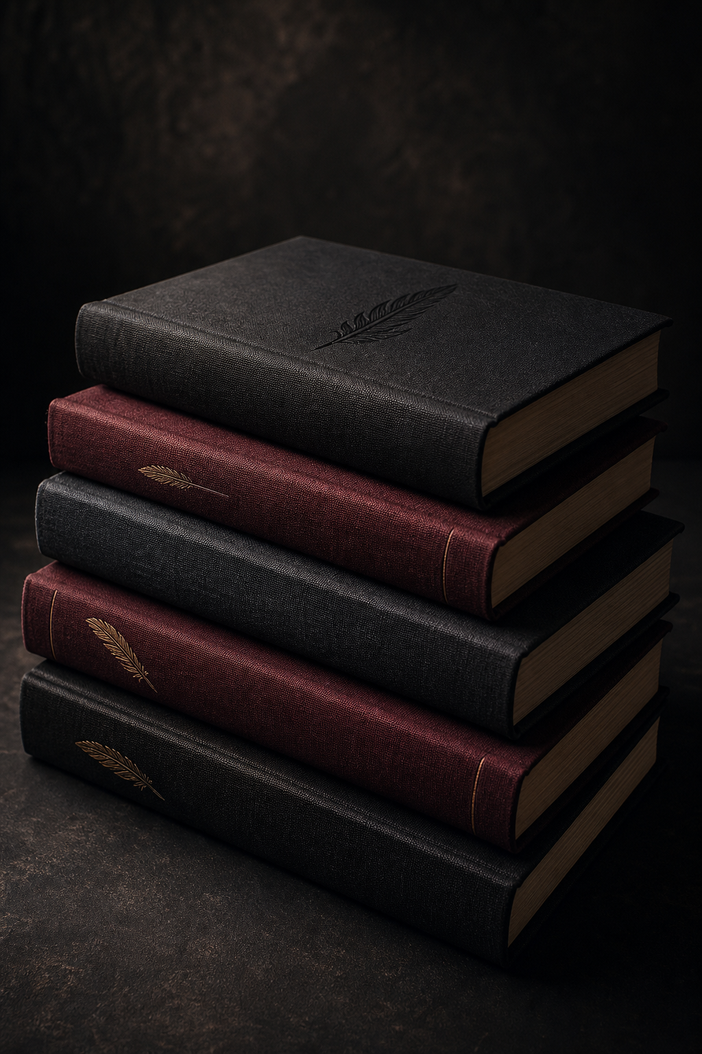 Stack of elegant poetry books with textured covers in moody studio lighting