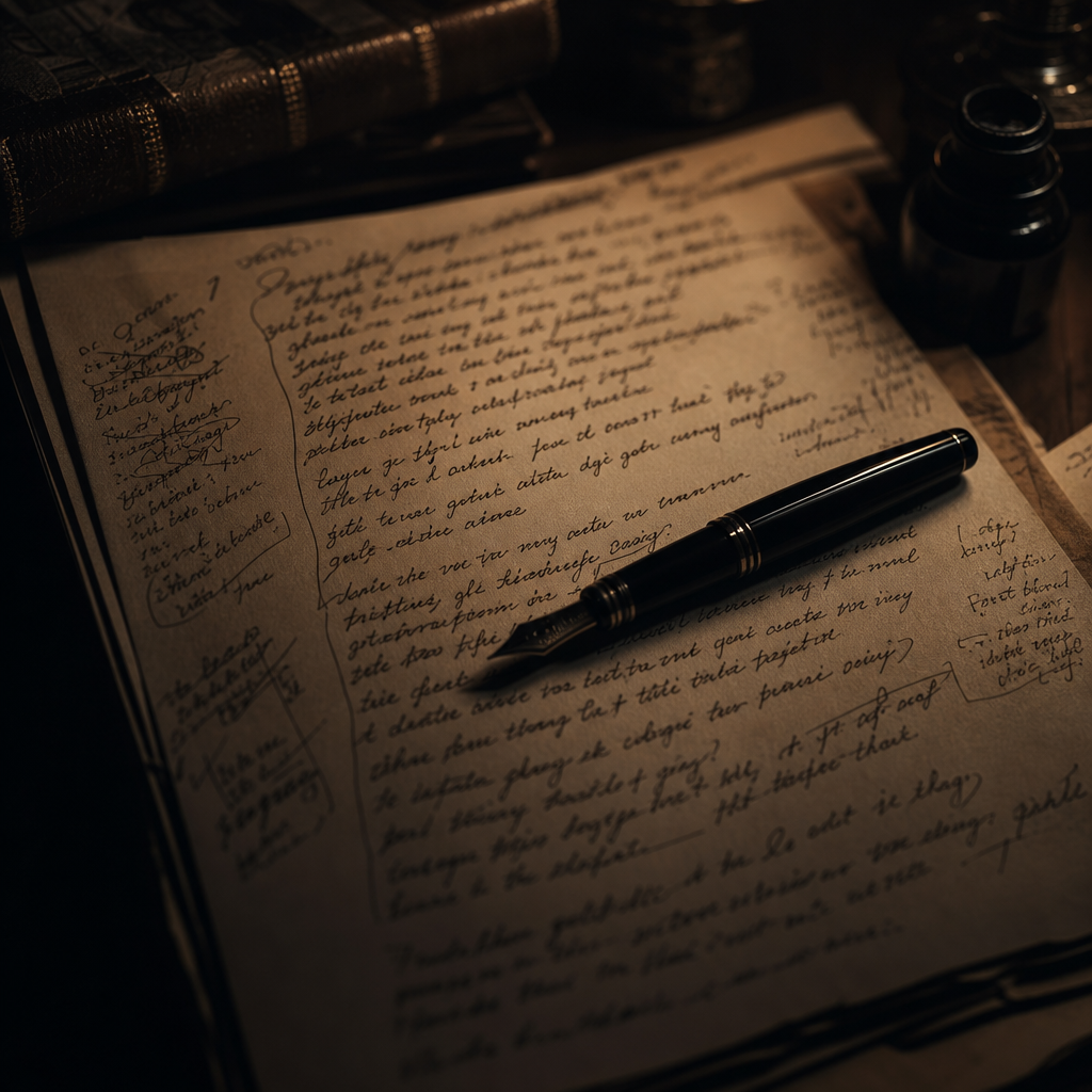 Close-up of handwritten poetry pages with ink notes and a fountain pen