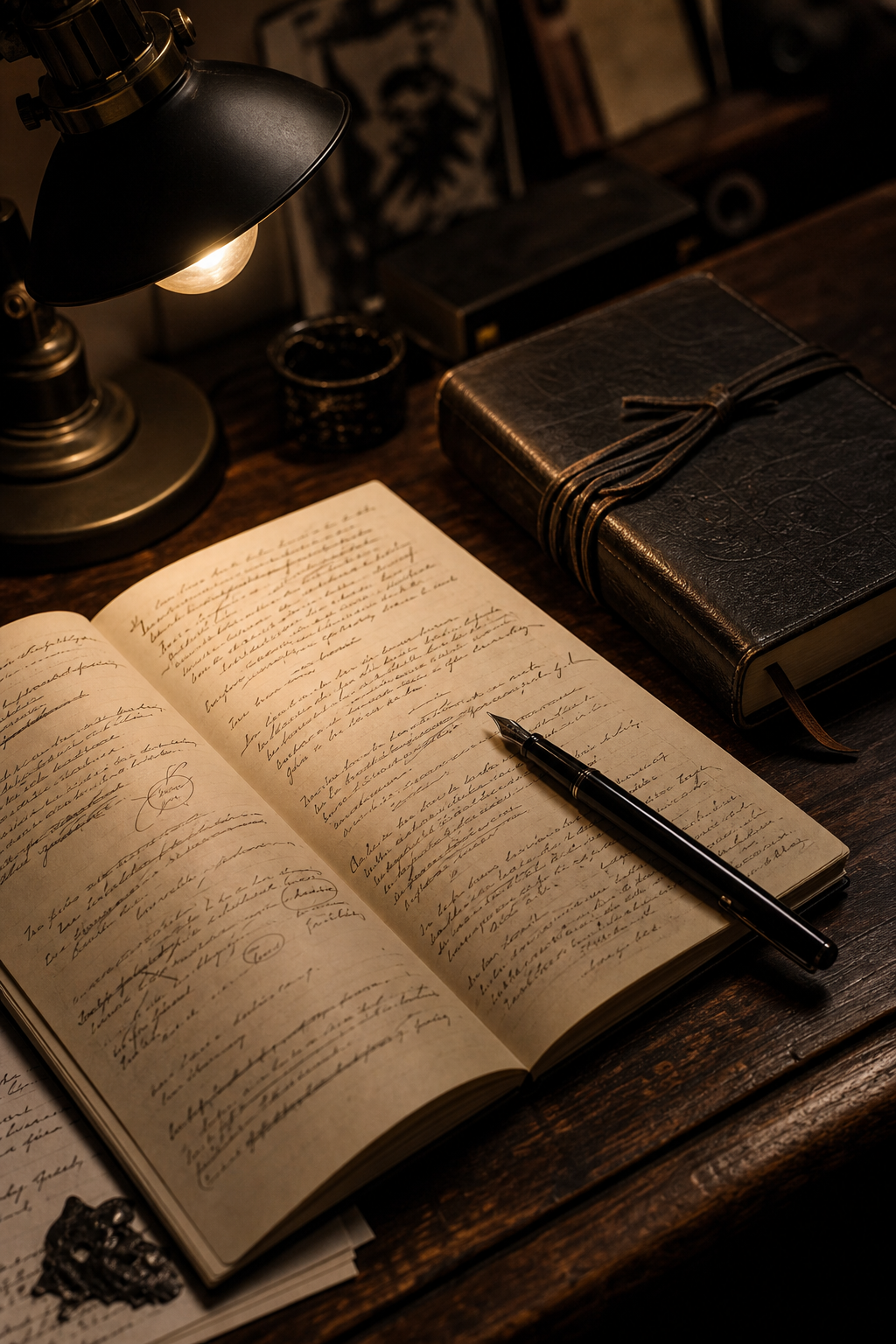 Open manuscript pages beside a fountain pen and notebook in a dim creative workspace