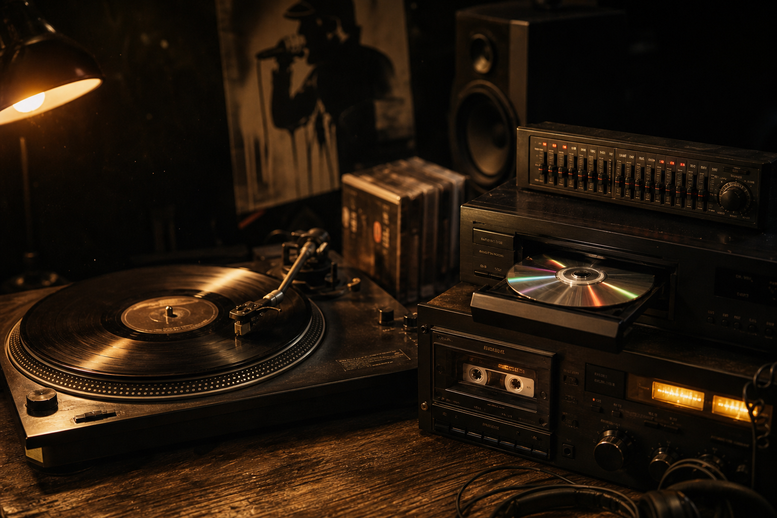 Moody music studio with turntable, cassette deck, and warm low lighting