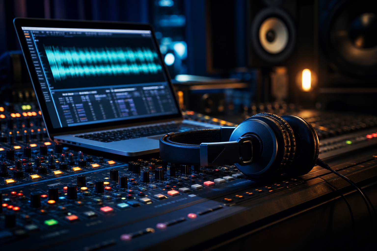 Close-up of a studio workstation with mixing console, headphones, and moody lighting, conveying sound engineering for spoken word