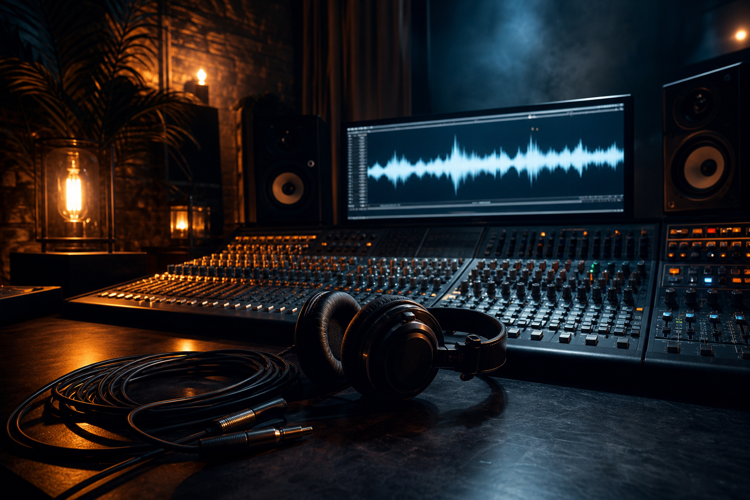 Moody music studio scene with a mixing console, glowing waveform screen, and headphones