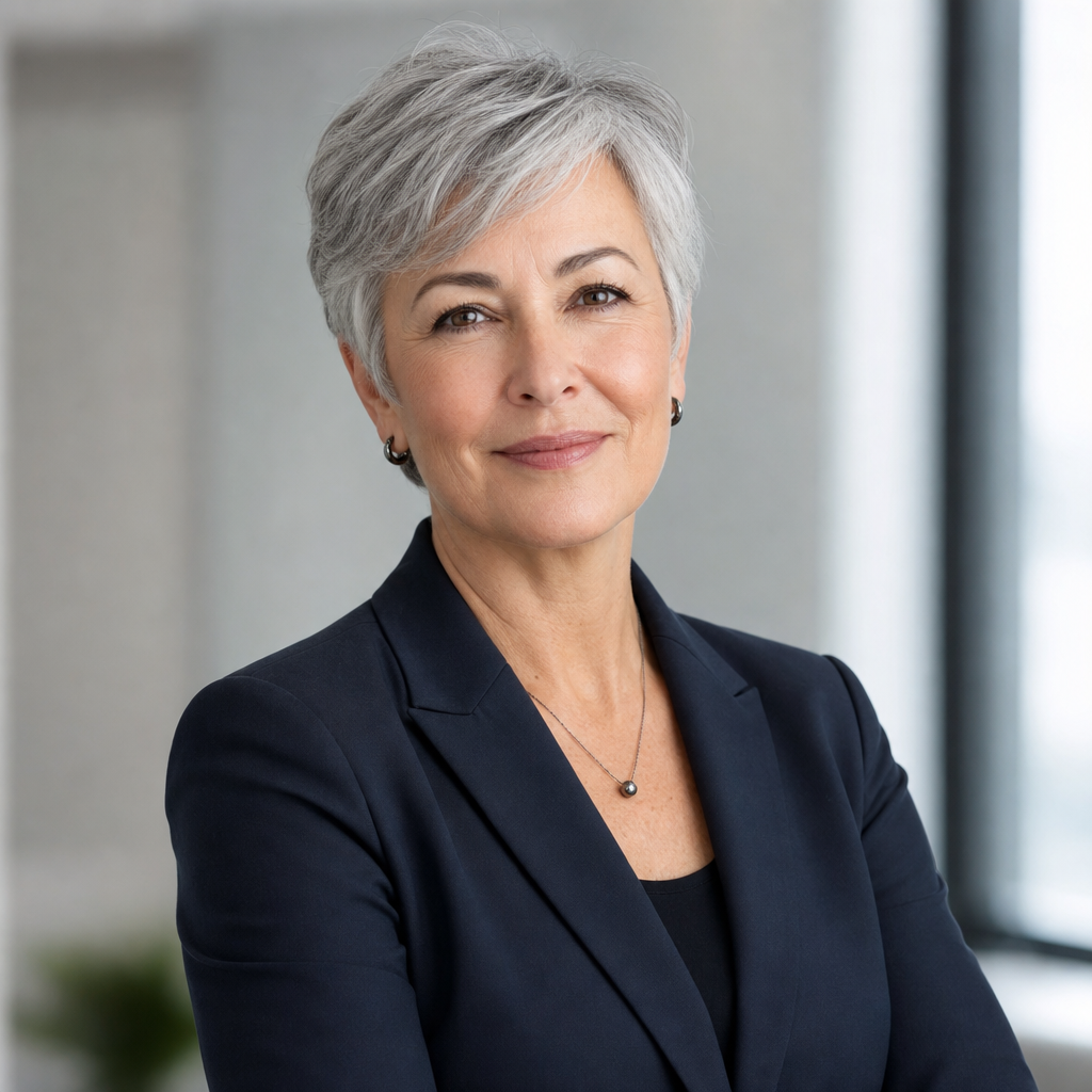Business owner with short gray hair