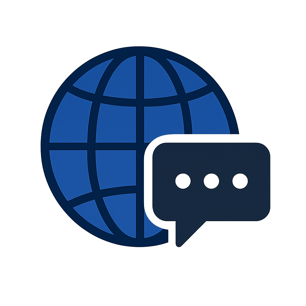 Professional language training icon with a globe and speech bubble in deep blue