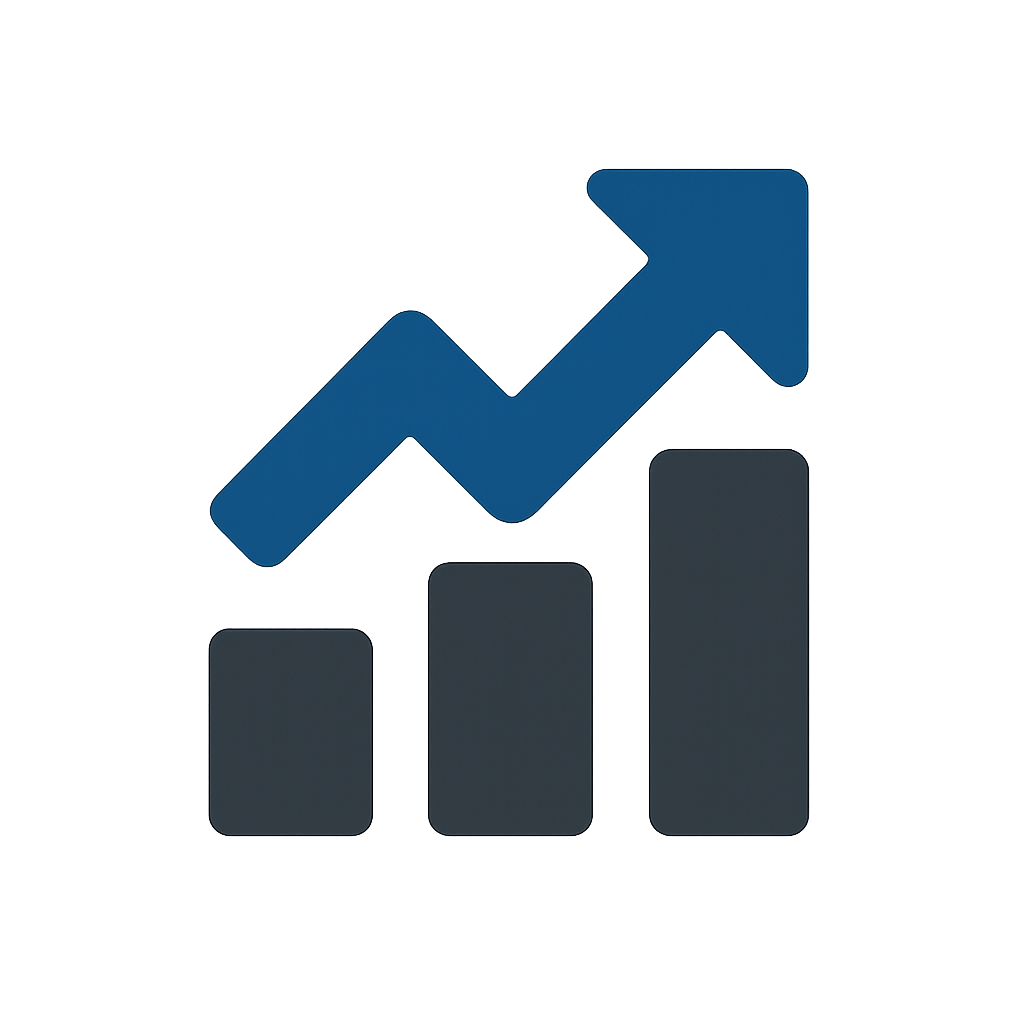Corporate leadership development icon with a podium and upward arrow in graphite blue