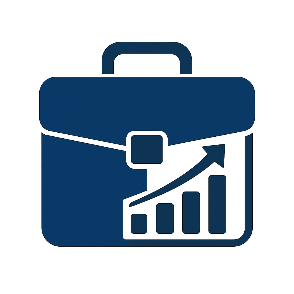 Polished corporate sales training icon featuring a navy briefcase with ascending bars