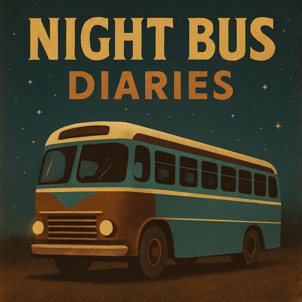 Album cover for 'Night Bus Diaries' with a stylized bus illustration in warm browns