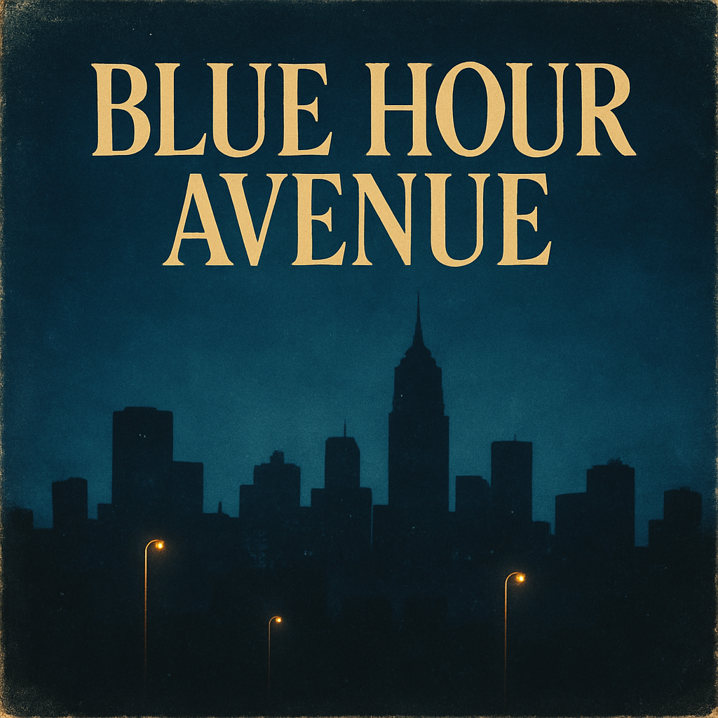 Album cover for 'Blue Hour Avenue' with a moody city skyline in deep blues