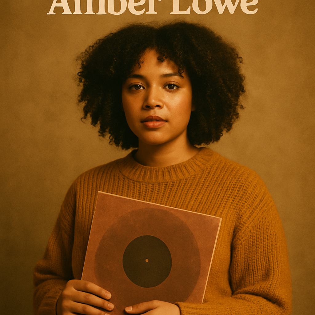 Warm-toned portrait of Amber Lowe, a soulful singer-songwriter wearing a mustard sweater and holding a vinyl sleeve