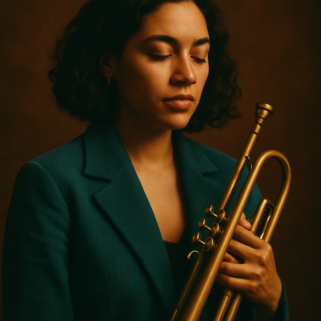 Portrait of Lena Rios, a jazz trumpeter in a teal jacket holding a brass trumpet