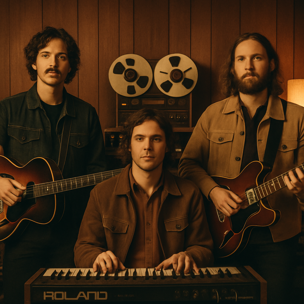 Band portrait of The Turntable Tides in a vintage studio with guitars and warm lighting