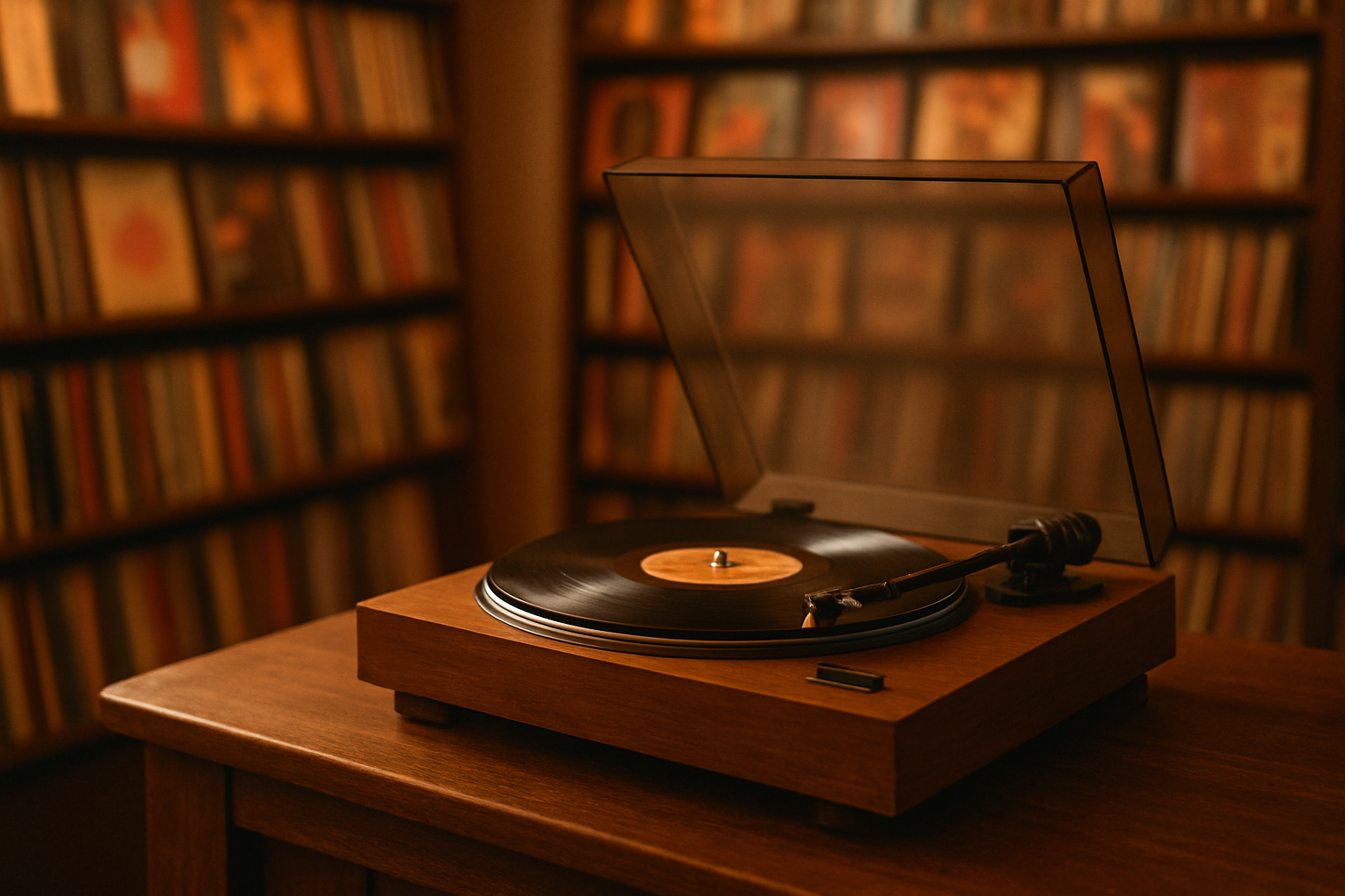 Warm-lit turntable and vinyl records on a wooden counter inside a cozy record shop