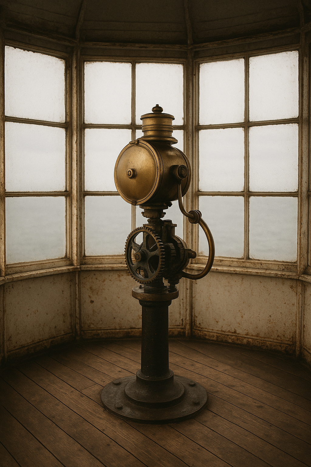 Interior of a historic lighthouse lantern room with brass mechanisms, worn wood flooring, and soft coastal daylight through weathered glass