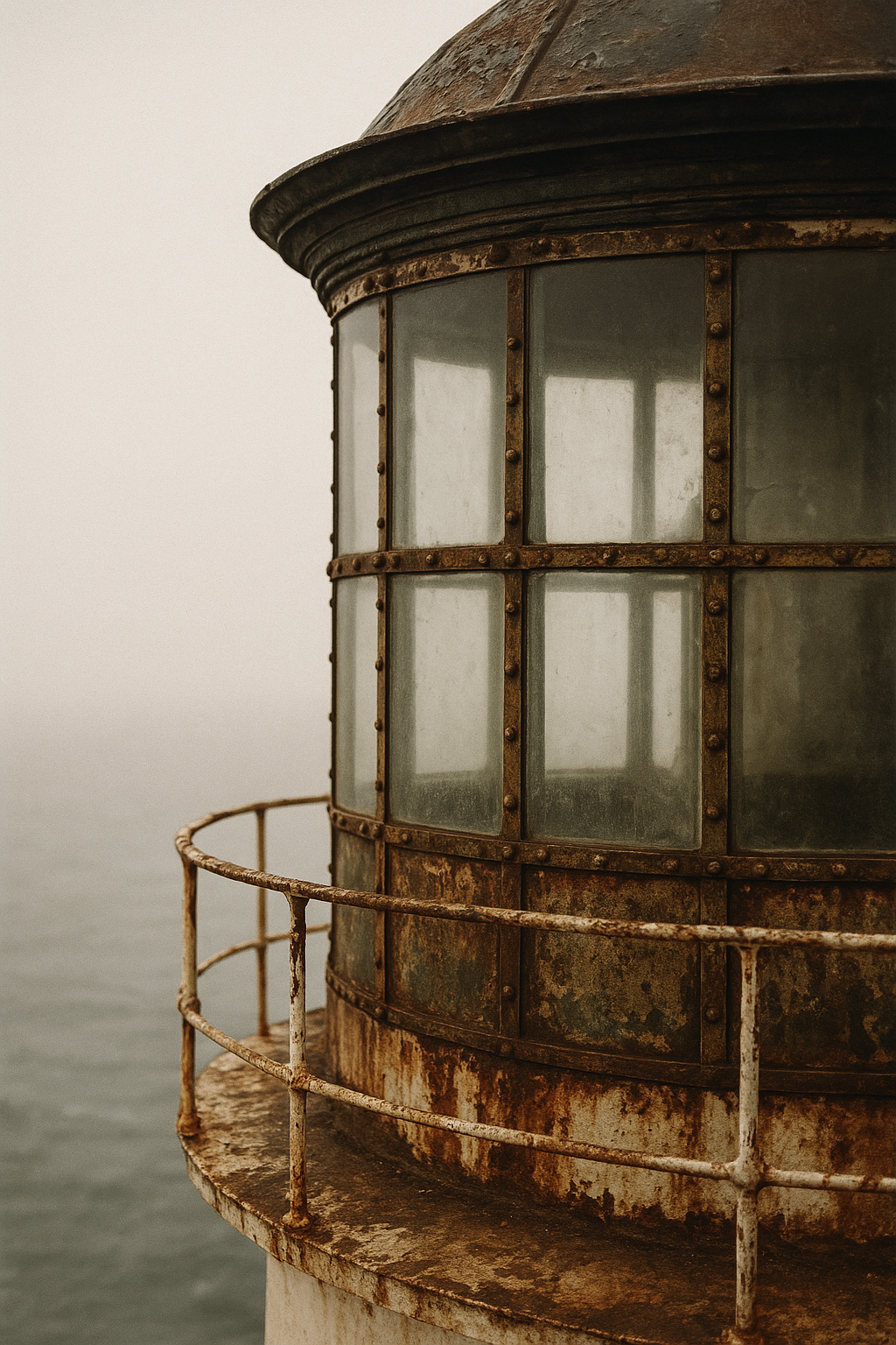 Weathered lighthouse lantern room detail with saltworn brass, riveted glass panes, and soft coastal haze in warm archival tones