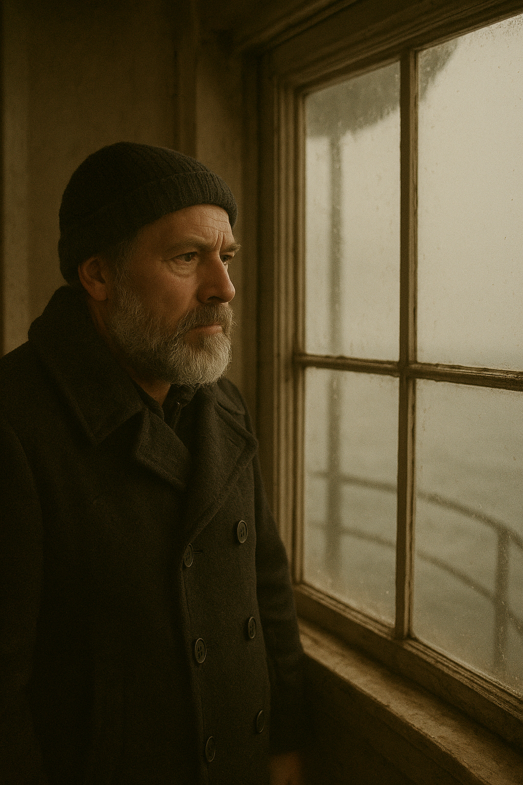 Weathered middle-aged lighthouse keeper in a dark wool coat standing near a lantern room window with misty sea behind