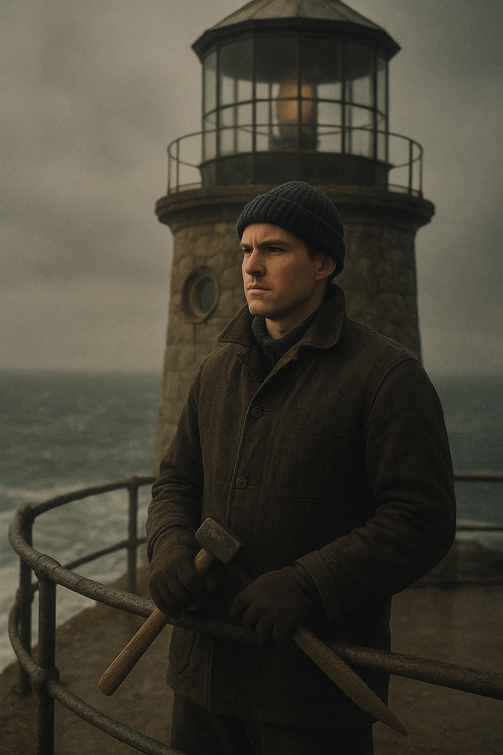 Younger lighthouse keeper in knitted cap carrying maintenance tools on a windy stone gallery at dusk