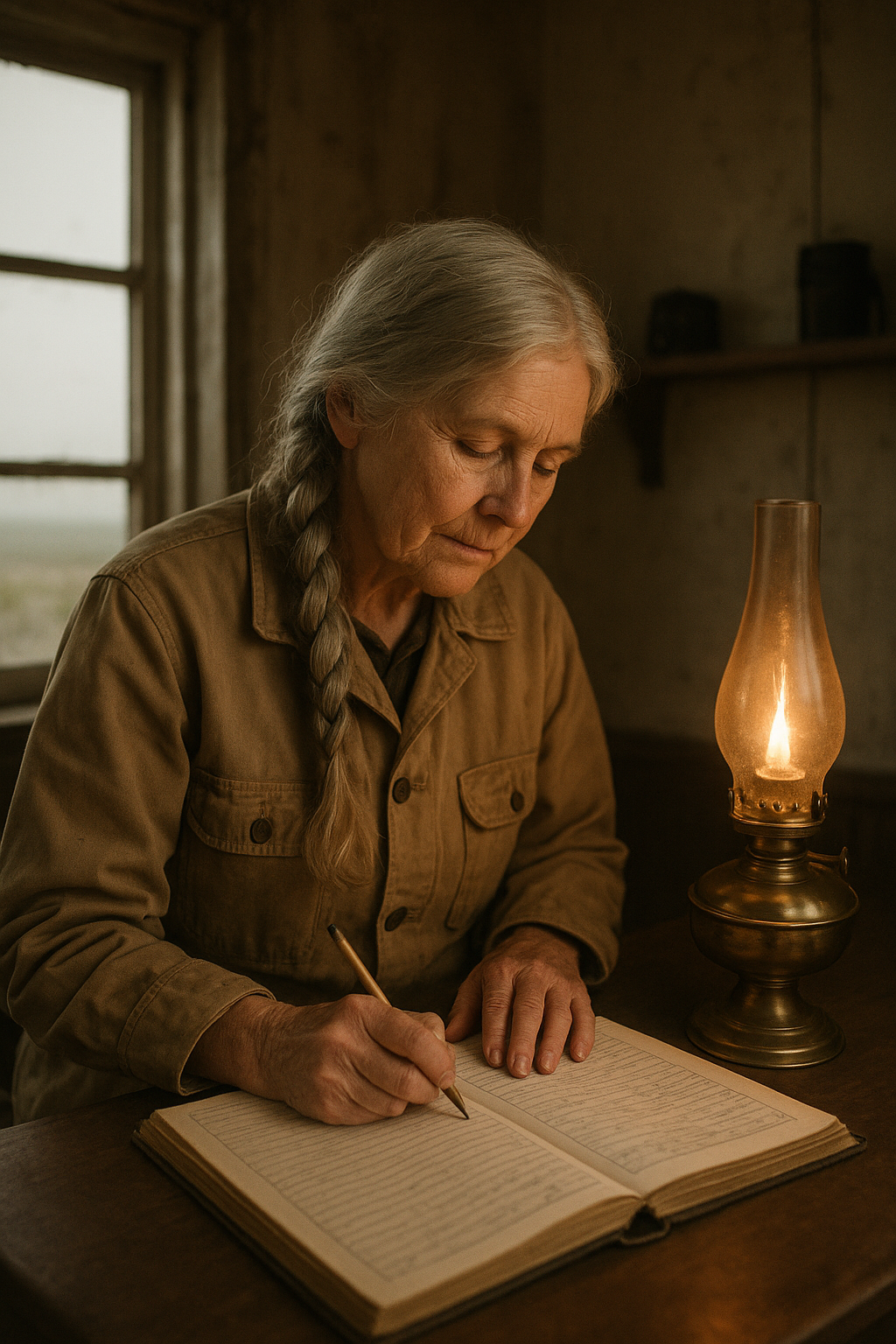 Older woman keeper with braided hair and canvas jacket writing in a logbook beside a brass oil lamp