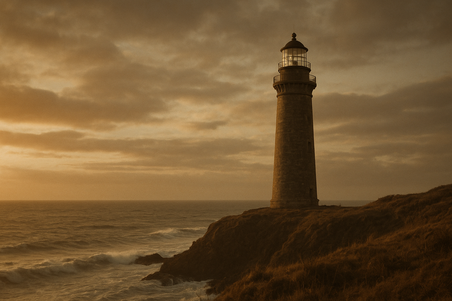 Tall stone lighthouse on a rugged northern coastline at golden-hour dusk, waves breaking below and soft film-like grain in the sky