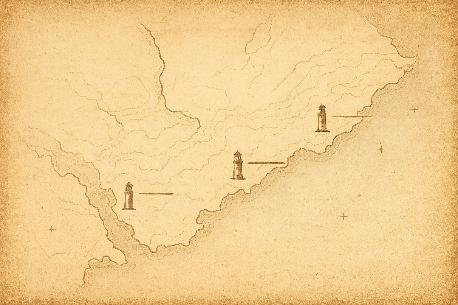 Illustrated archival-style coastline map with four lighthouse markers along the northern coast