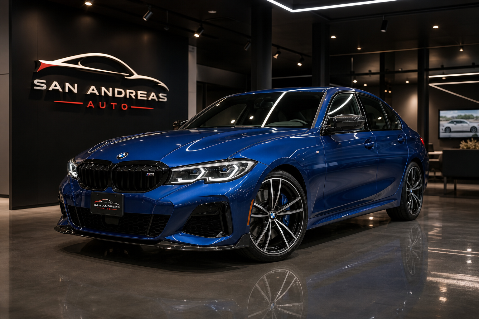 Blue BMW M340i sedan parked in a modern showroom with dramatic lighting