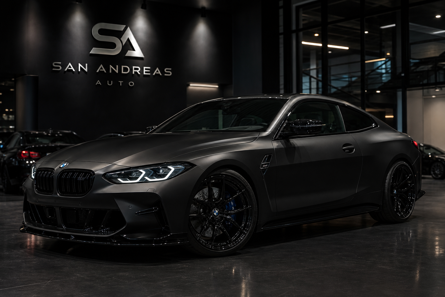 Matte black performance coupe with slim LED headlights, low stance, and glossy alloy wheels parked in a dimly lit premium showroom