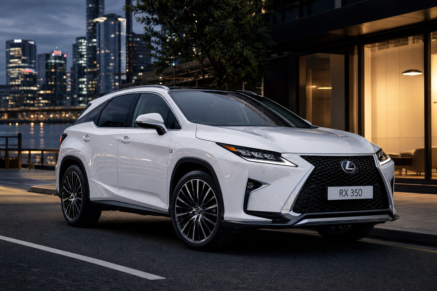 White Lexus RX SUV parked on a clean urban street at dusk