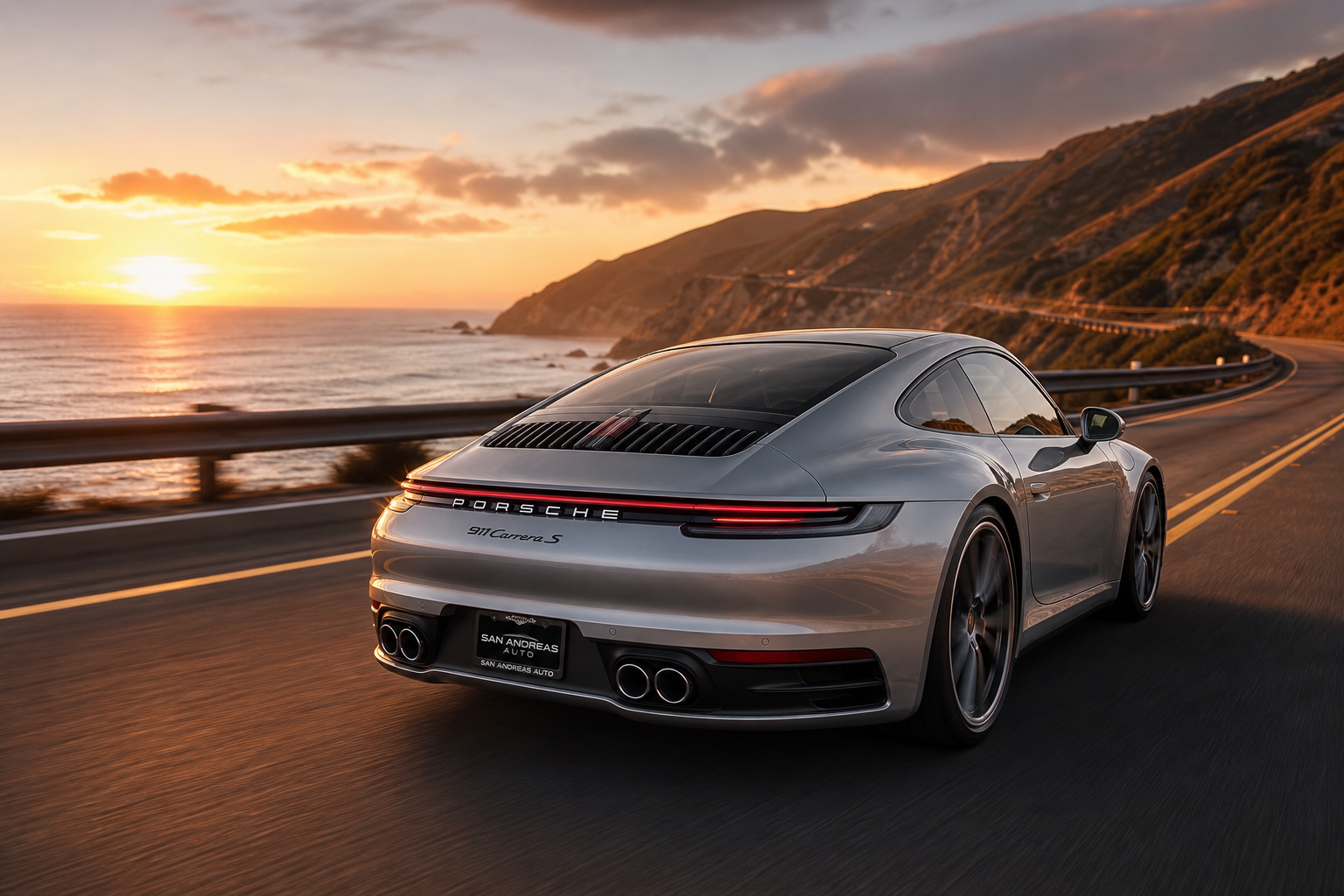 Silver Porsche 911 Carrera S photographed on a coastal highway with sunset light