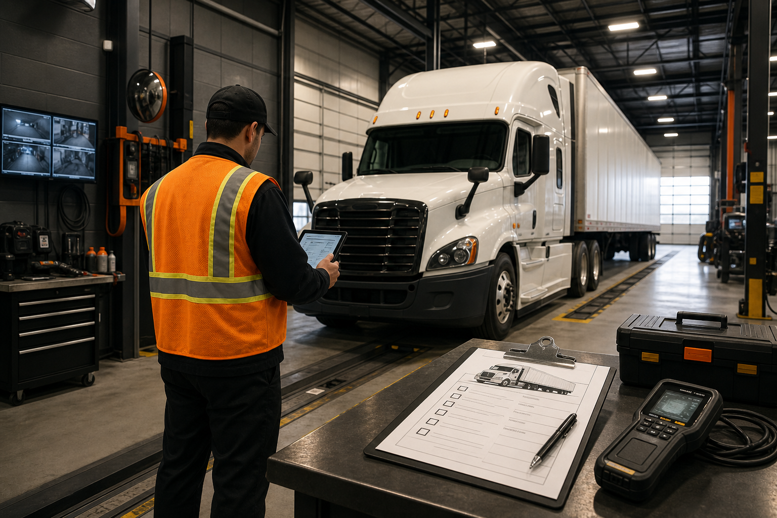 Technician performing a DOT compliance inspection in a modern truck service bay with diagnostic equipment