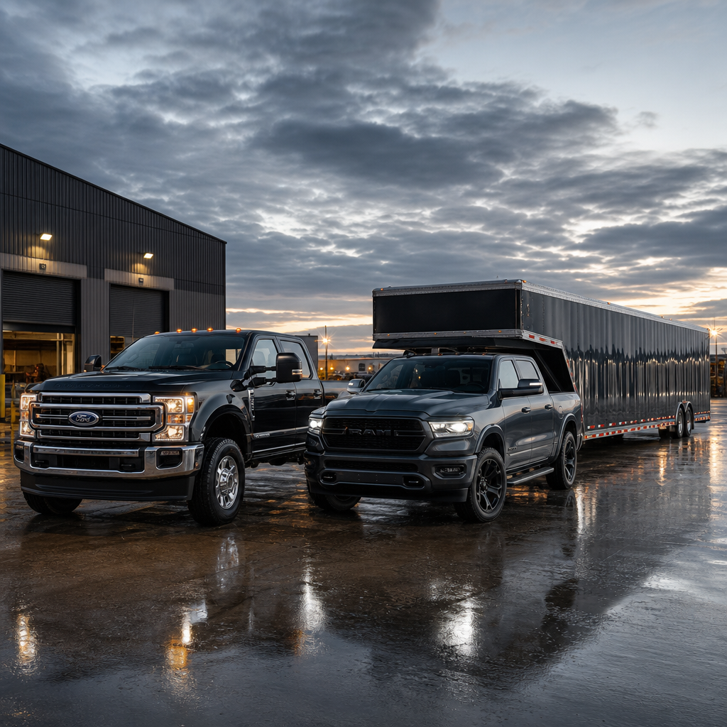 Modern managed truck fleet lined up at a logistics yard with dispatch activity and clean industrial infrastructure