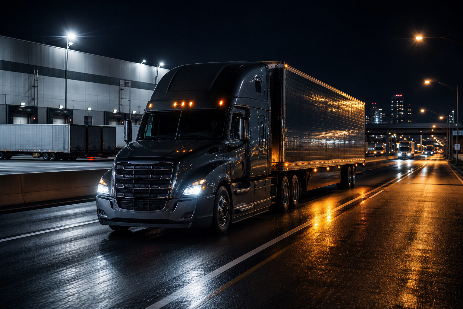 Nighttime freight transportation scene with a loaded semi truck moving through an illuminated logistics corridor