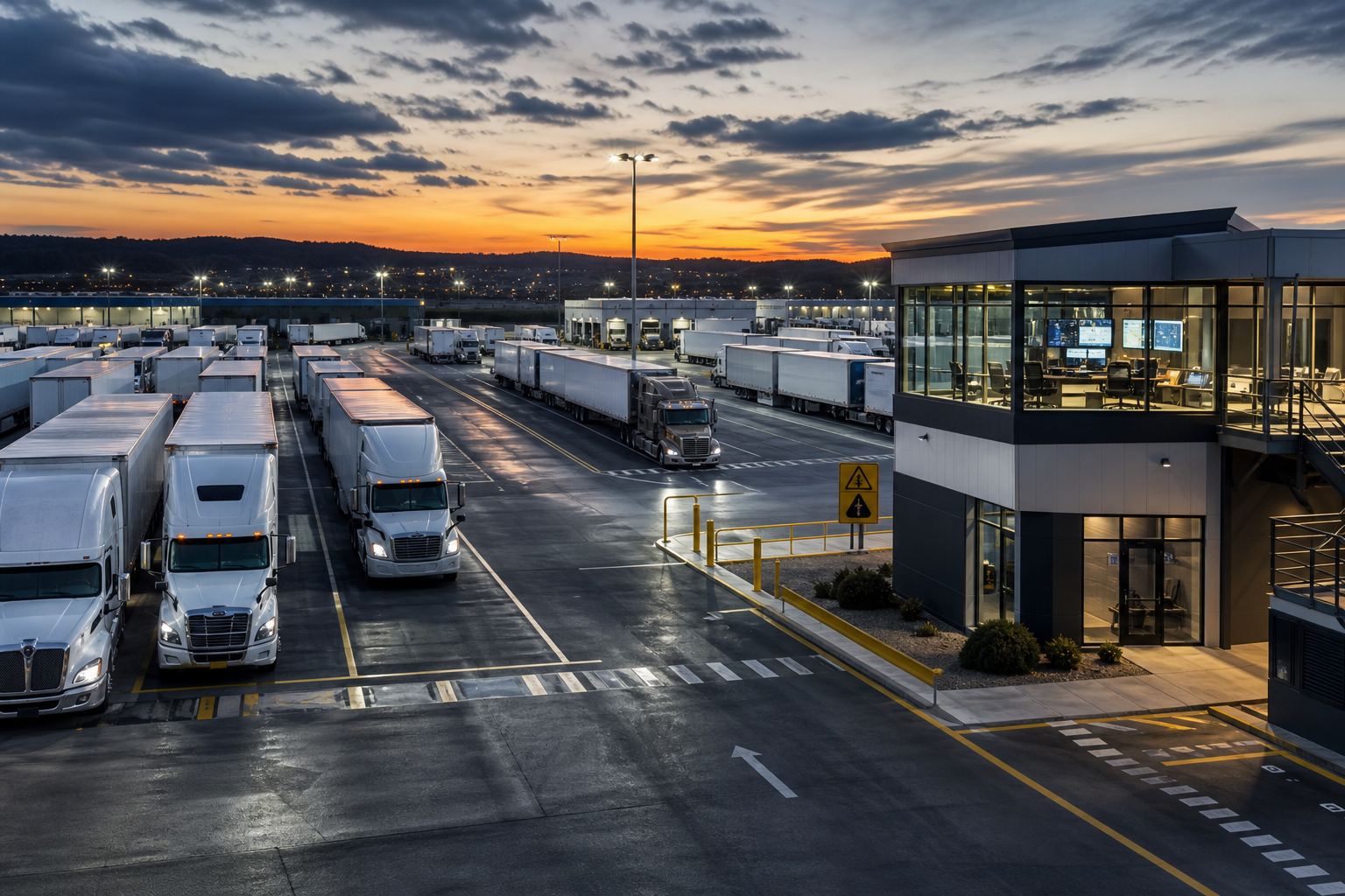 A modern logistics operations center with staged freight trailers, marked lanes, and a controlled dispatch yard at dusk