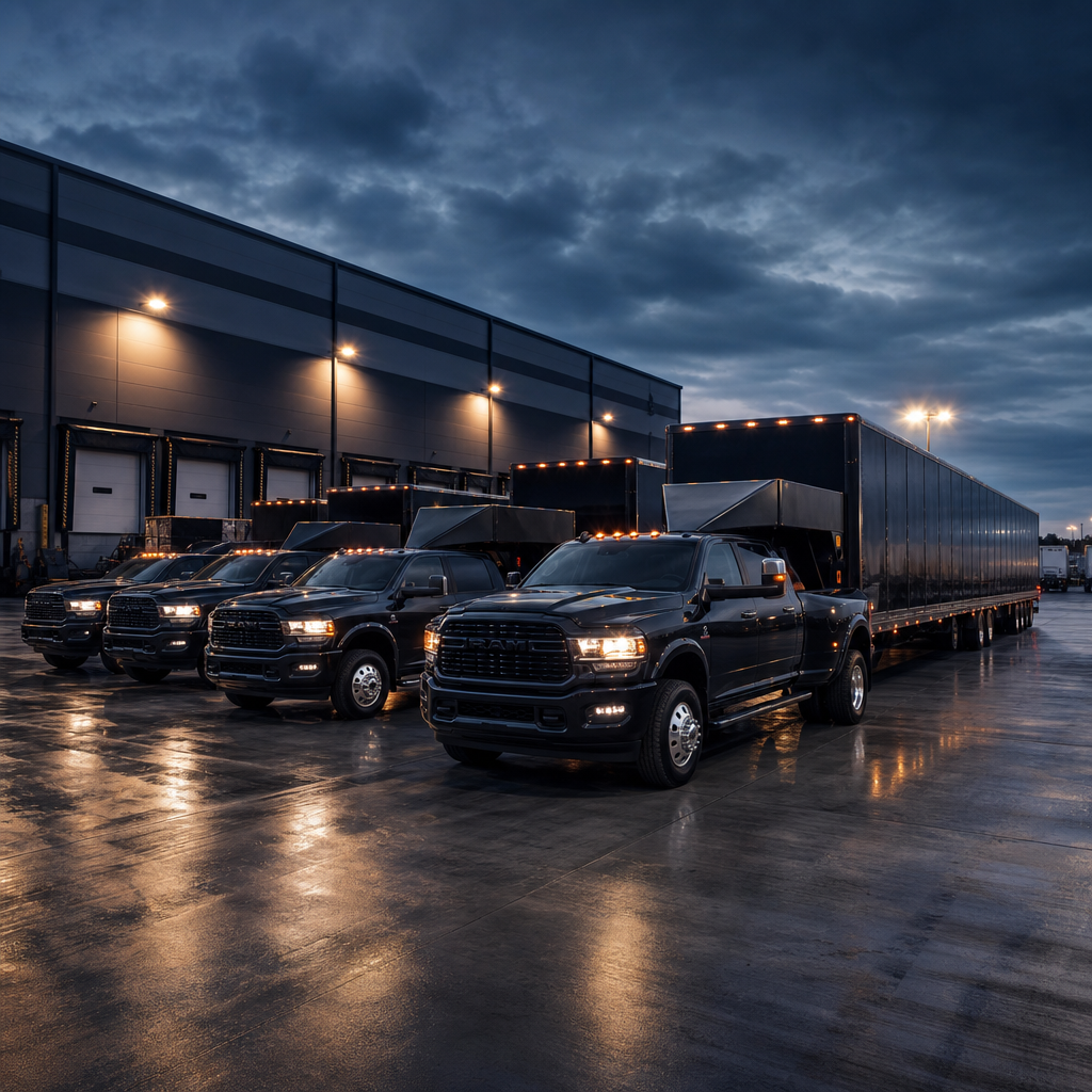 Modern freight fleet scene with lined trucks at an industrial logistics terminal during blue-hour lighting