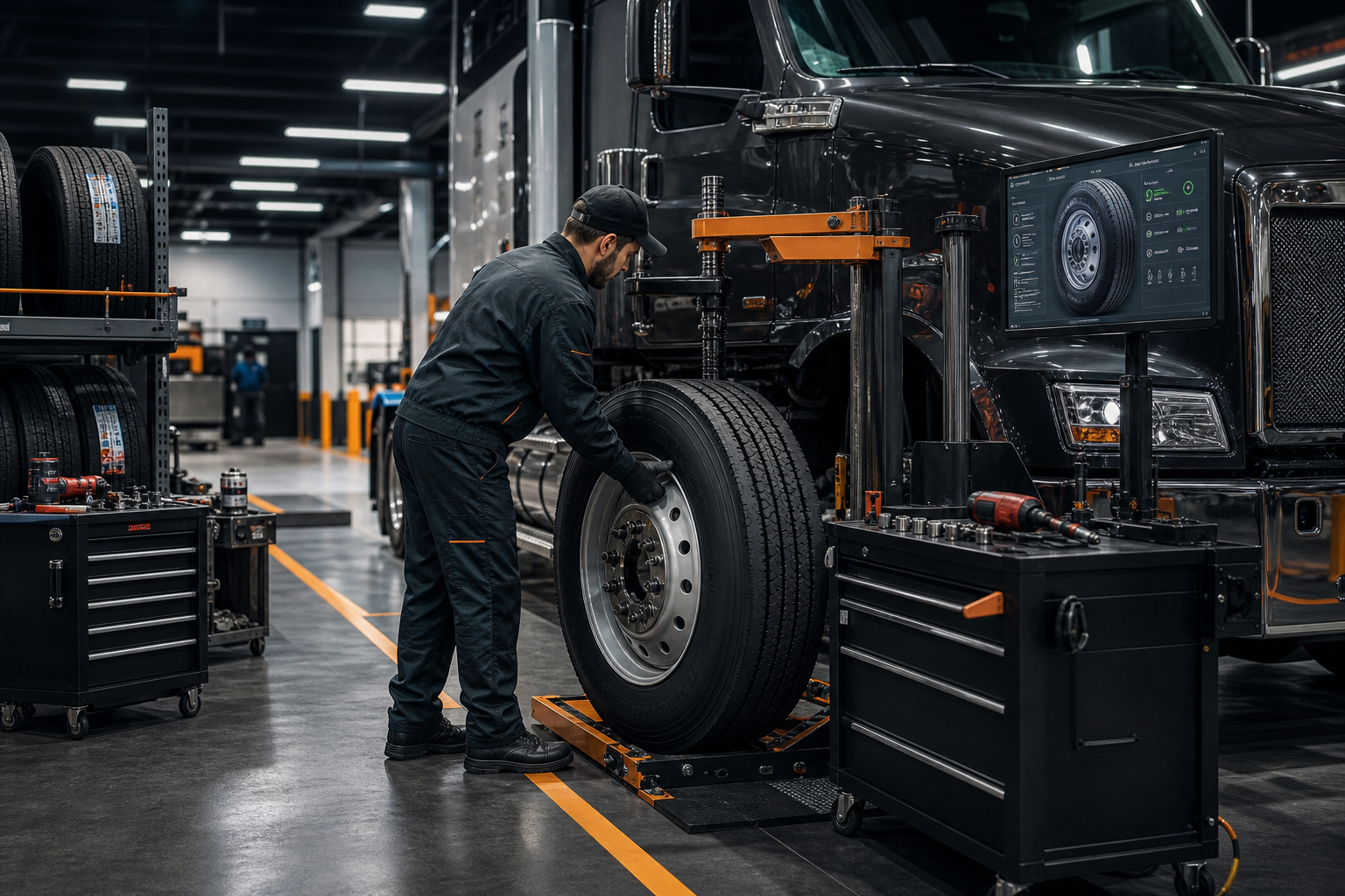 Technician in a modern fleet tire service bay replacing a heavy-duty truck tire with diagnostic equipment nearby