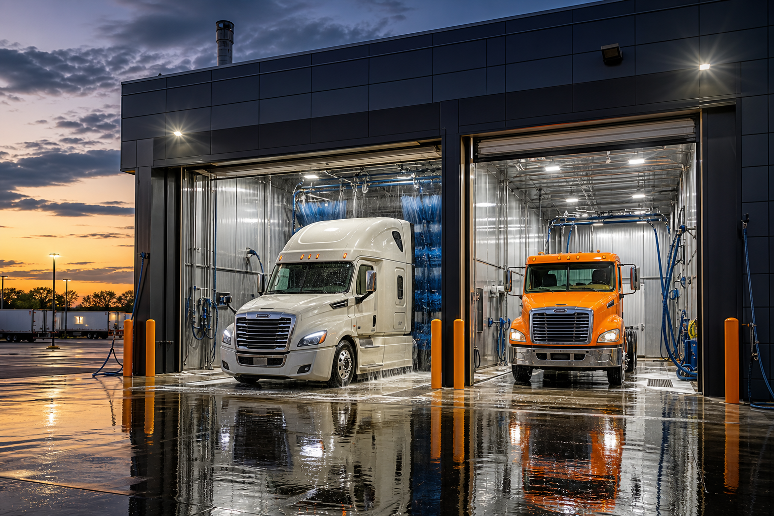 Modern truck wash center with two semi trucks in wash bays under bright overhead lighting