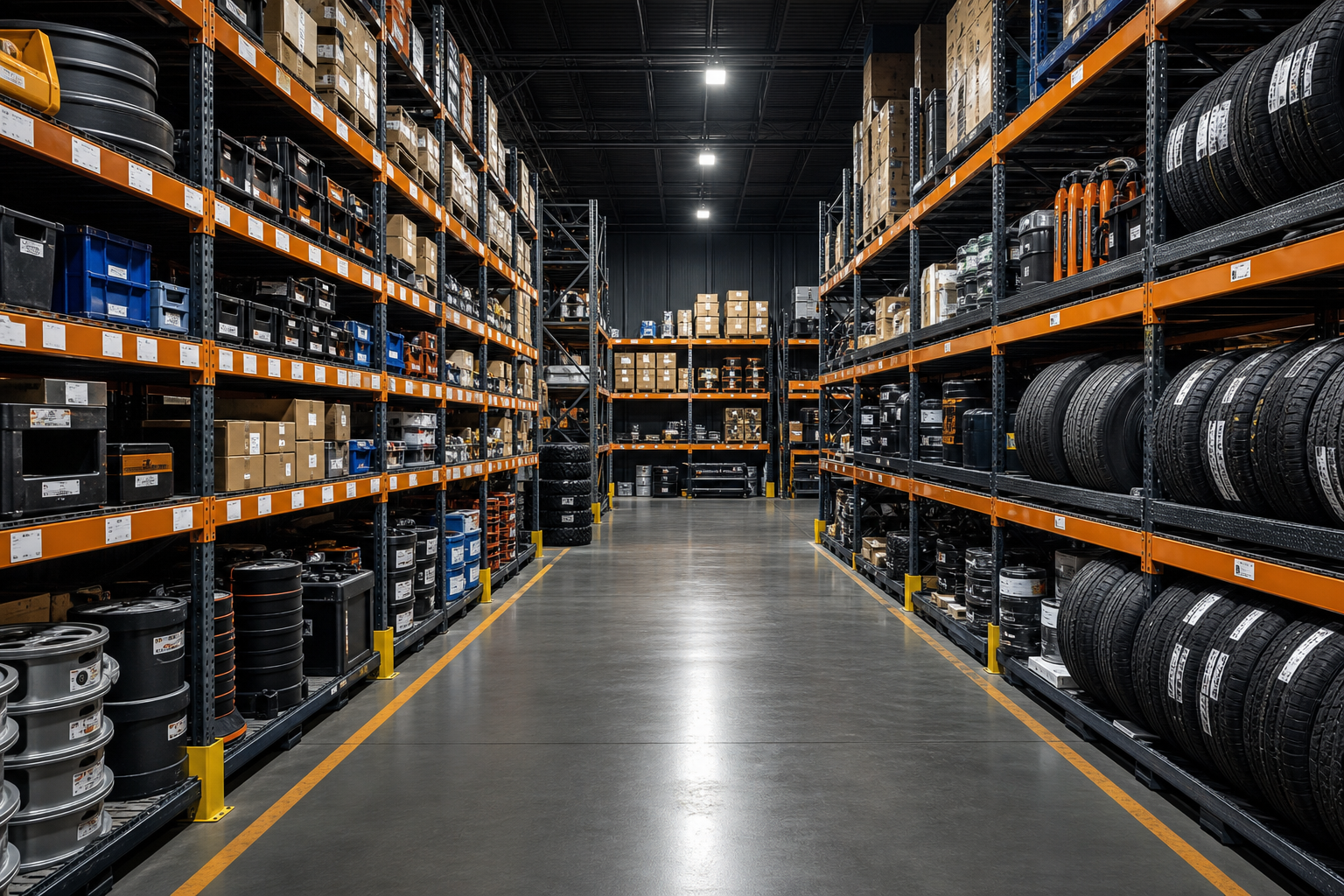 Warehouse shelving with organized truck parts and accessories inventory