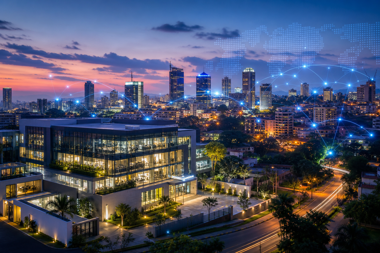 Kampala skyline at dusk with a modern tech hub building and subtle digital connectivity glow