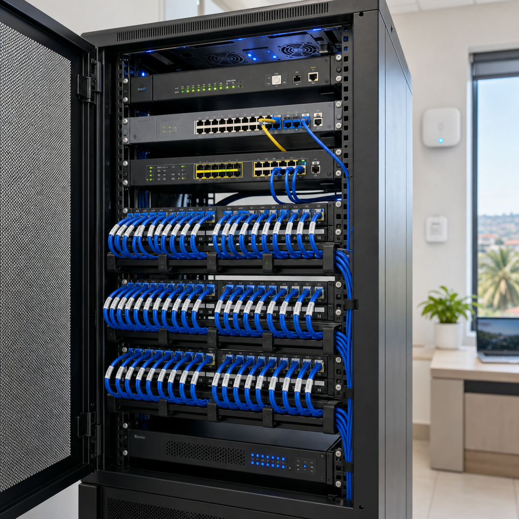 Modern network rack in a Uganda data room with blue-lit switches and tidy cabling