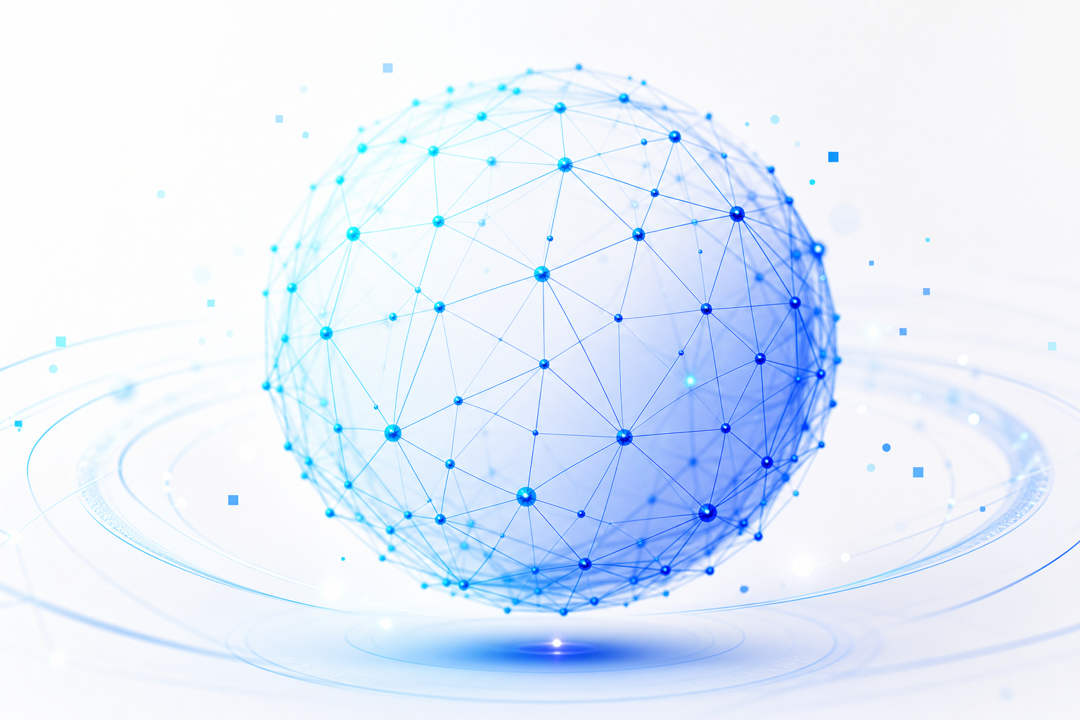 Abstract 3D network sphere made of glowing cyan and blue nodes with connecting lines over a soft white background