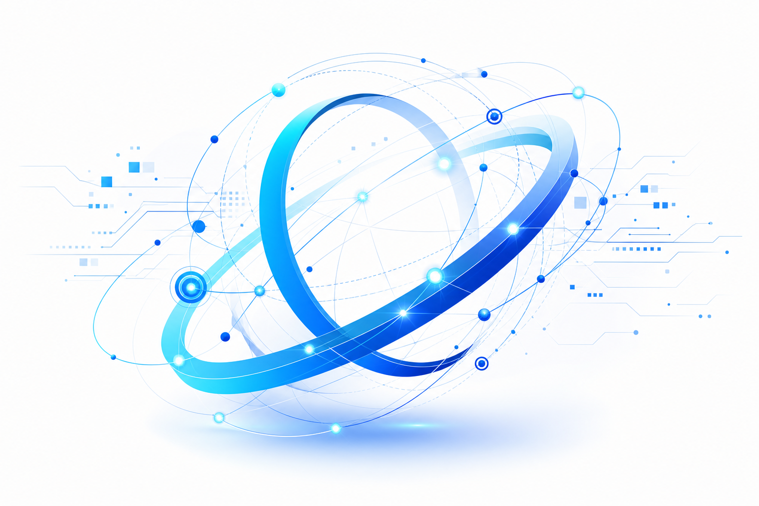 Abstract futuristic network orbit with layered cyan-to-blue arcs, glowing nodes, and geometric circuitry on a clean white backdrop.