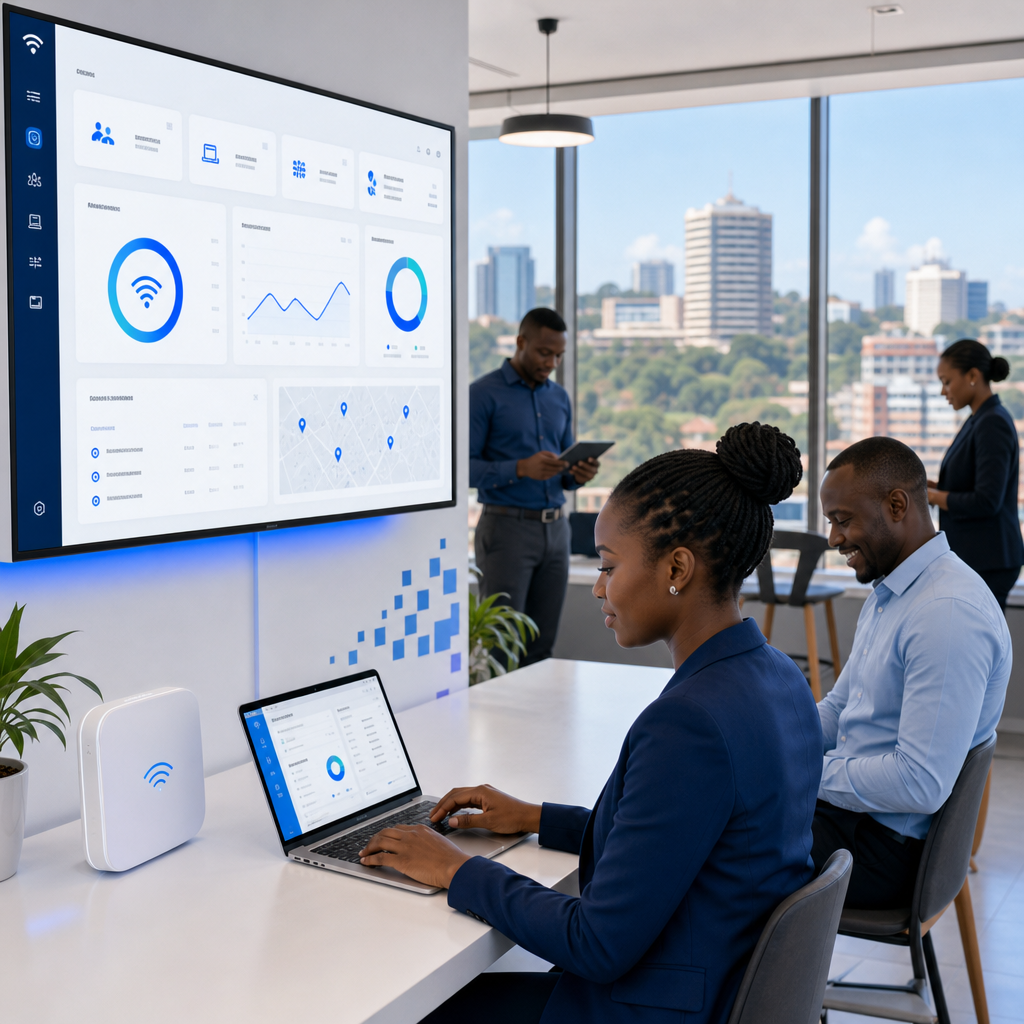 Enterprise networking dashboard with blue gradient panels, Uganda map highlights, hotspot status cards, and clean white UI