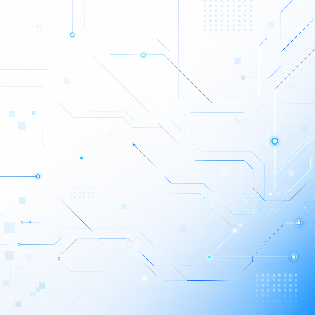 Minimal abstract circuit grid panel with thin blue lines, small glowing nodes, and a subtle cyan gradient