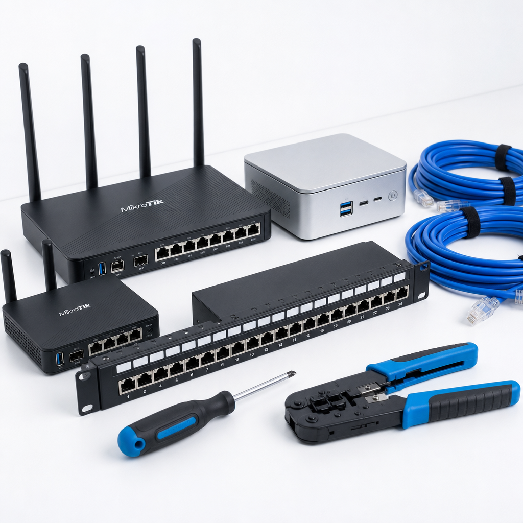 Assortment of MikroTik-style routers, a compact mini PC, coiled ethernet cables, a rackmount panel, and installation tools arranged on a clean desk
