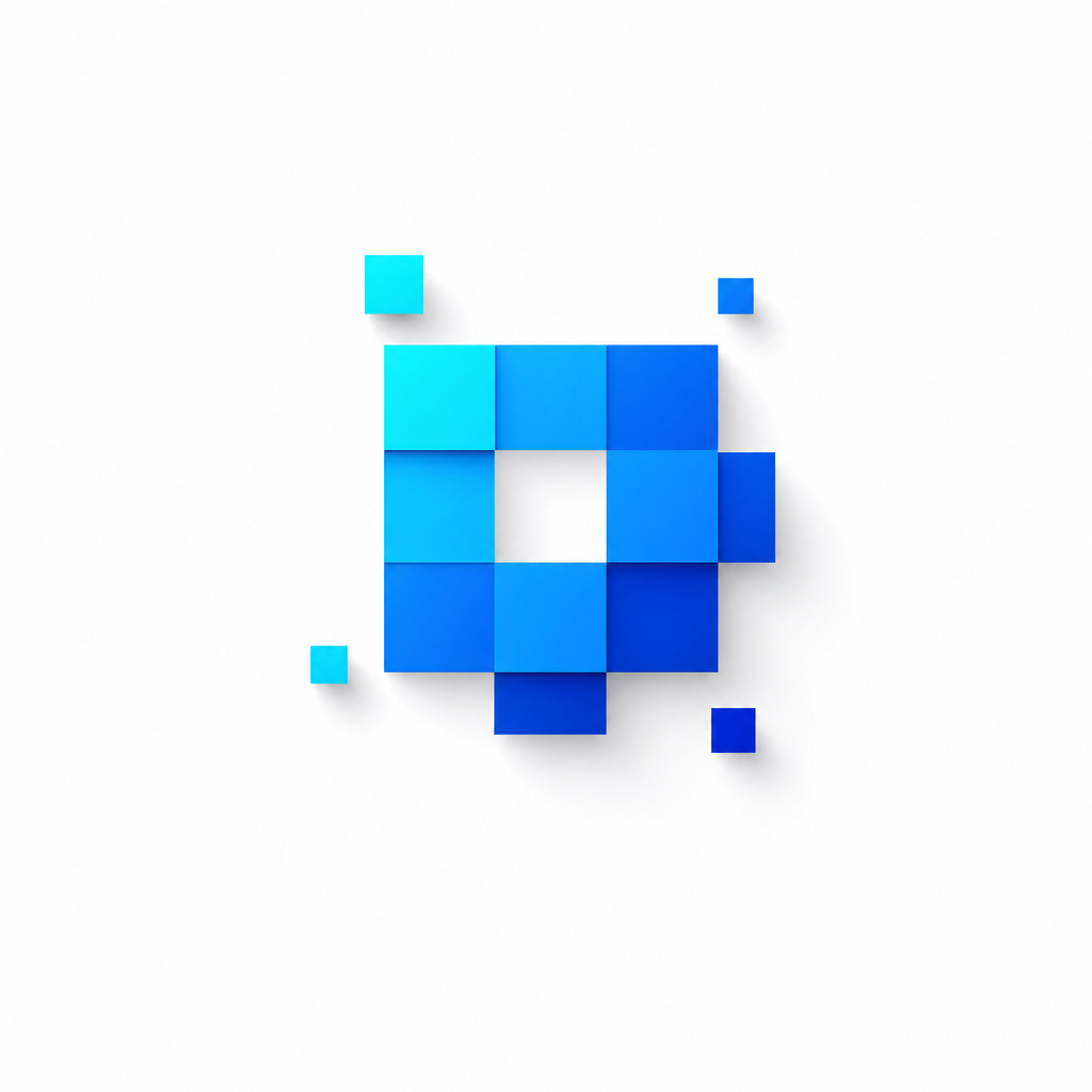 Minimalist pixel-grid tile in cyan and deep blue with crisp geometric squares and subtle depth.