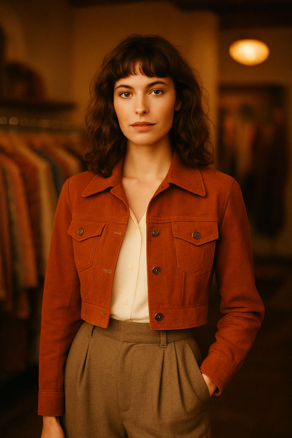 Warm film portrait of a vintage fashion model wearing a burnt orange jacket and high-waisted trousers inside a boutique