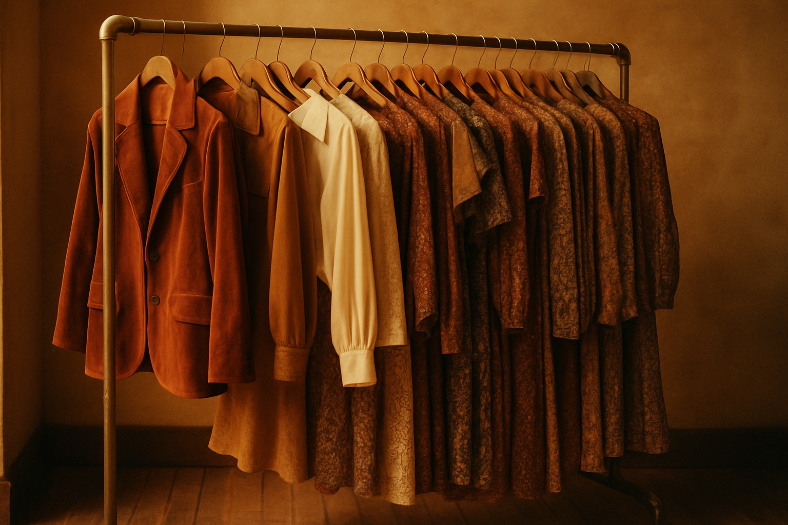 Warmly lit vintage clothing rack with 70s and 80s garments in earthy tones, a velvet blazer and patterned dresses in a boutique setting