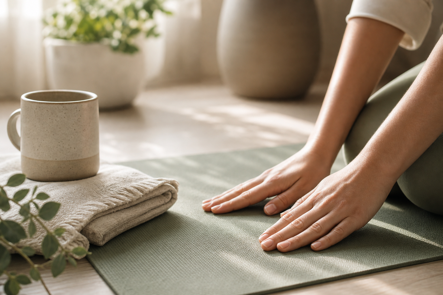Soothing video thumbnail showing hands resting on a yoga mat with soft morning light