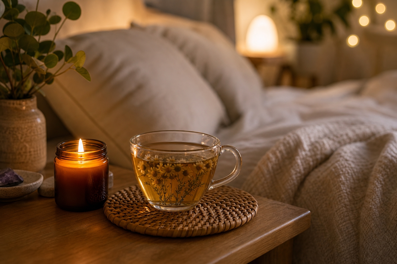 Peaceful video thumbnail featuring a candle and herbal tea on a bedside table