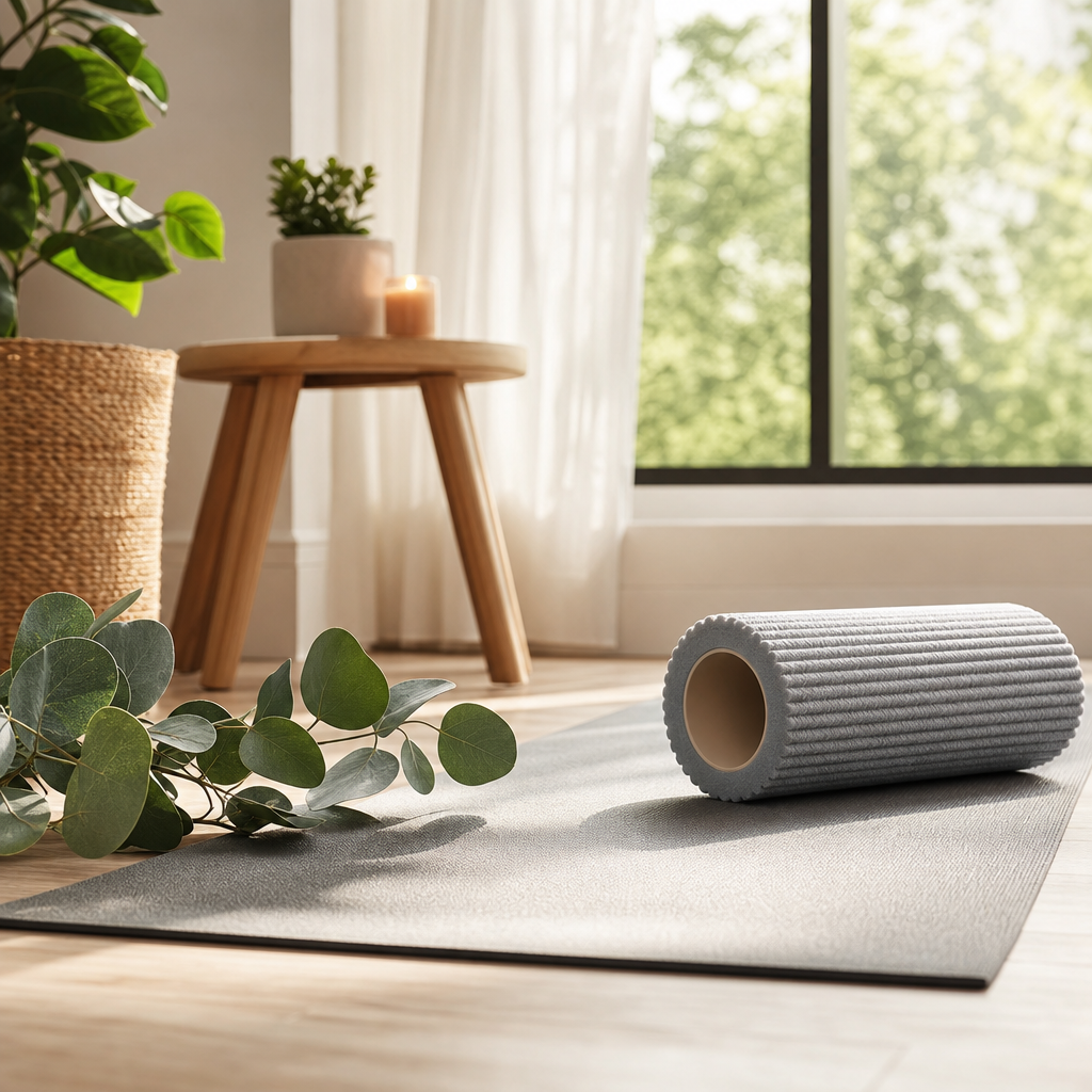 Yoga mat with a foam roller and eucalyptus leaves beside a sunlit window, suggesting gentle mobility practice
