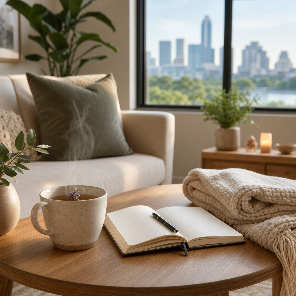 Peaceful Austin living room with soft morning light, a cup of herbal tea, and a journal open beside a folded blanket