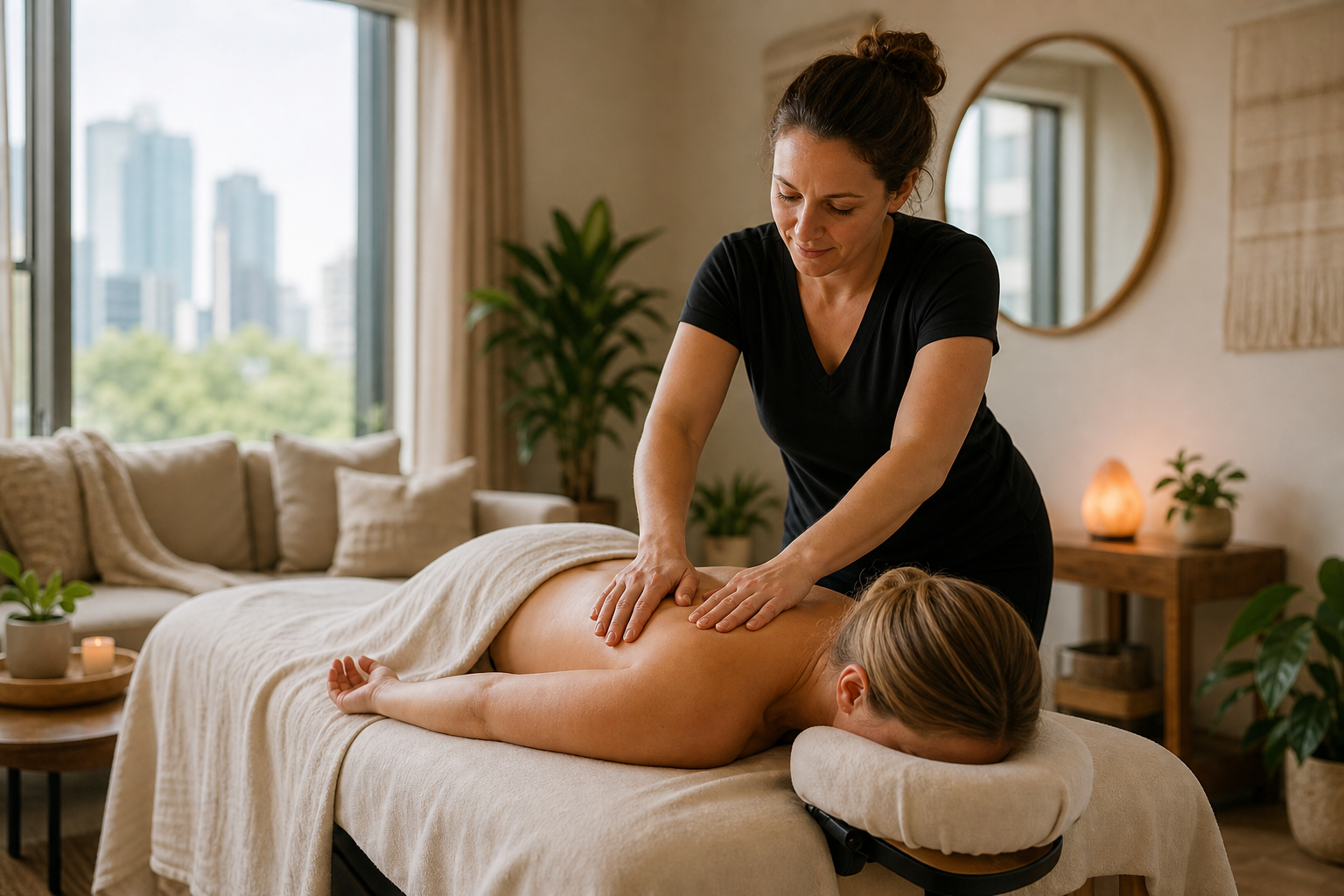 Mobile massage therapist providing a relaxing session in a serene Austin living room with soft natural light